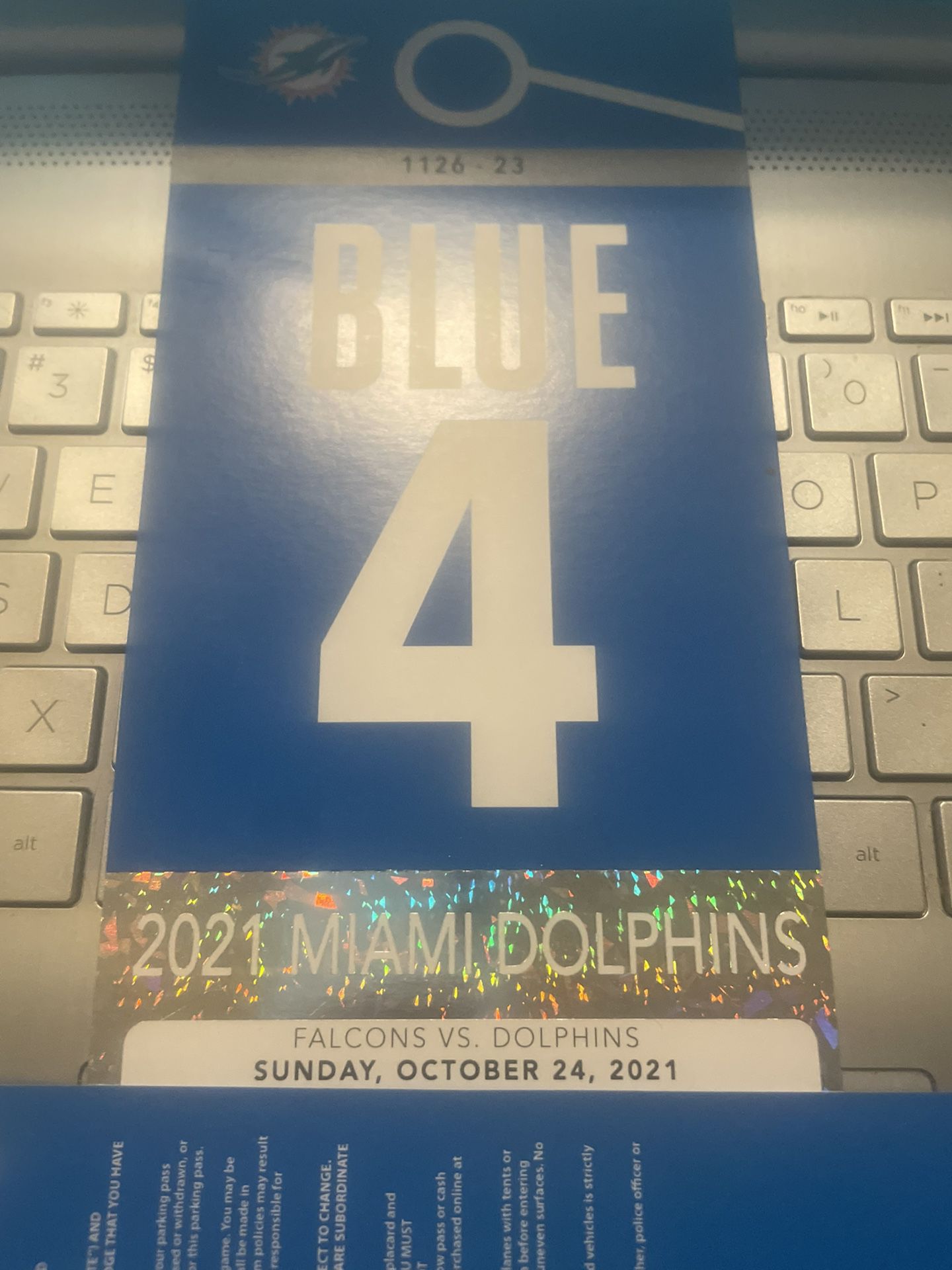 Miami Dolphins VIP Blue Parking Pass Falcons Game 