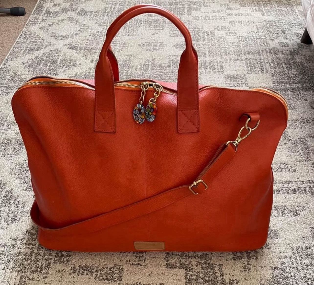 Terrida Luxury Travel Duffle Bag Orange Leather Murano Glass Zipper Italy