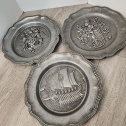 Pewter Plate Viking Ship Made In  Spain Shield Embossed with Crown & Two Dragons