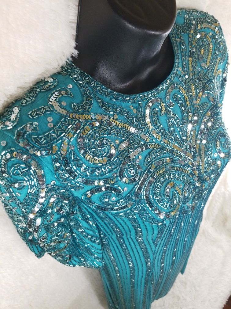 Oleg Cassini Black Tie Vintage SILK Beaded Formal Gown blue dress knee Size 6