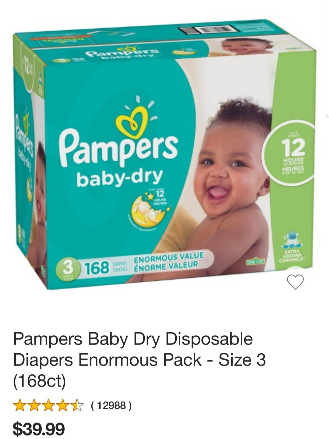 New box Pampers baby-dry 168 Cout