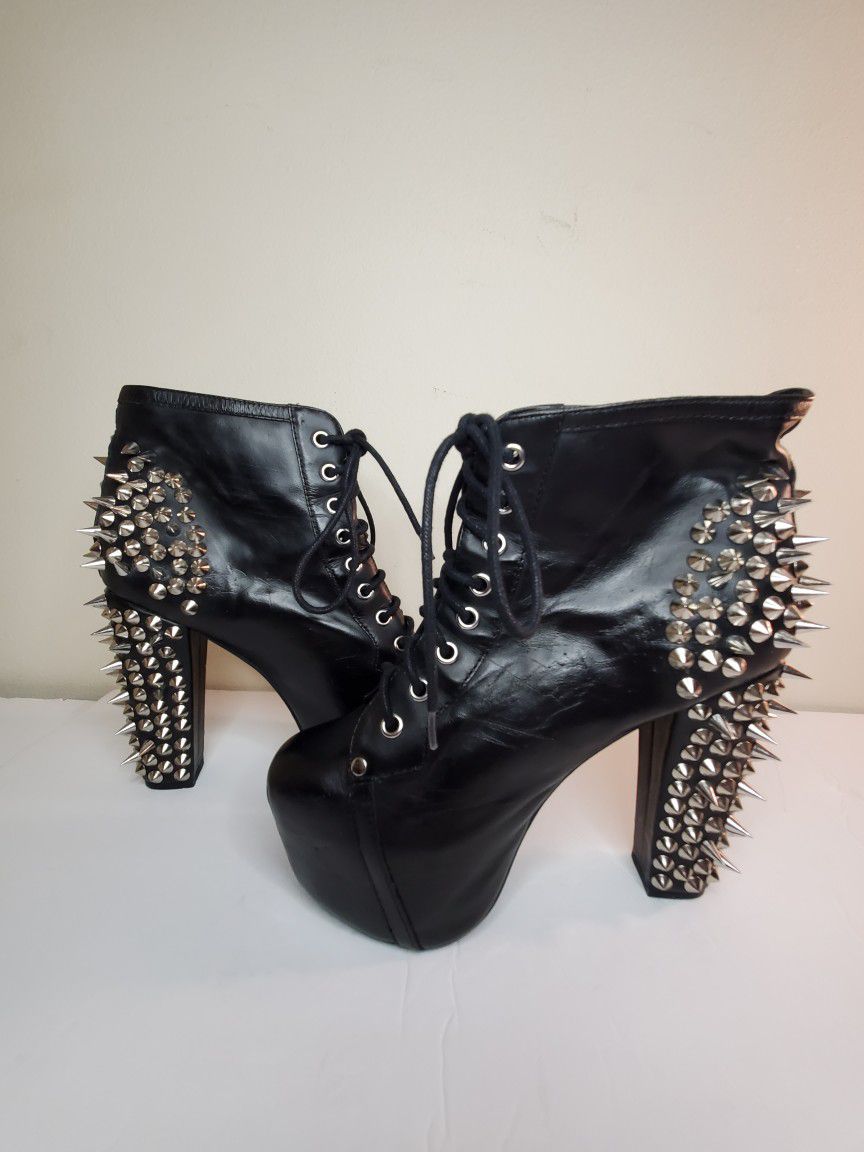 Handmade Havana Jeffrey Campbell Black Punk Women Spiky Metal Rivets Studs Chunky Ankle Boots Size 38