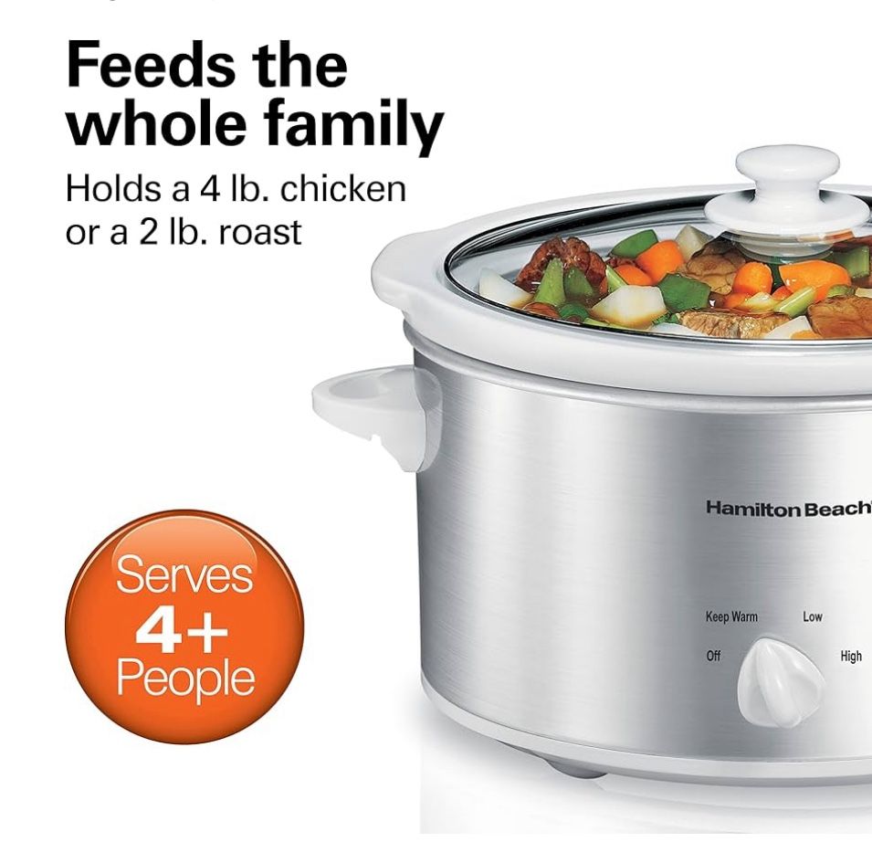 BRAND NEW IN BOX Hamilton Beach 4-Quart Slow Cooker with 3 Cooking Settings, Dishwasher-Safe Stoneware Crock & Glass Lid, Stainless Steel 