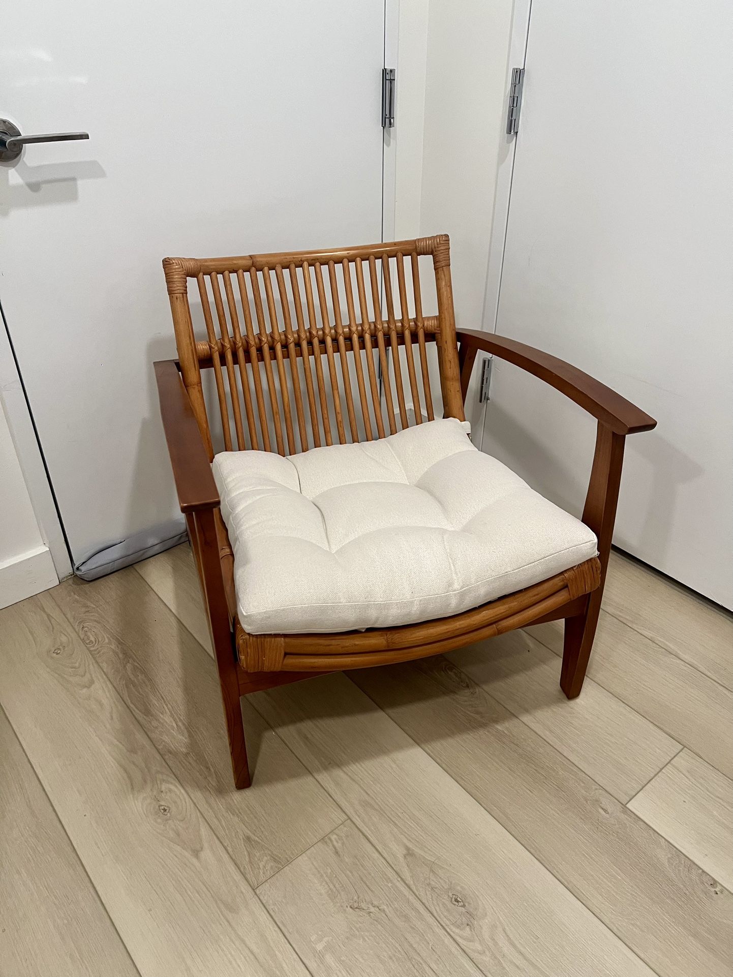 CB2 Wooden Lounge Chair With White Cushion