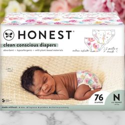The Honest Company Clean Conscious Diapers | Plant-Based, Sustainable | Rose Blossom + Tutu Cute | Club Box, Size Newborn, 76 Count