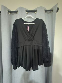 Black V-Neck Babydoll Blouse with Lace Sleeves