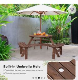 Round Wooden Outdoor Picnic Table + Umbrella Set