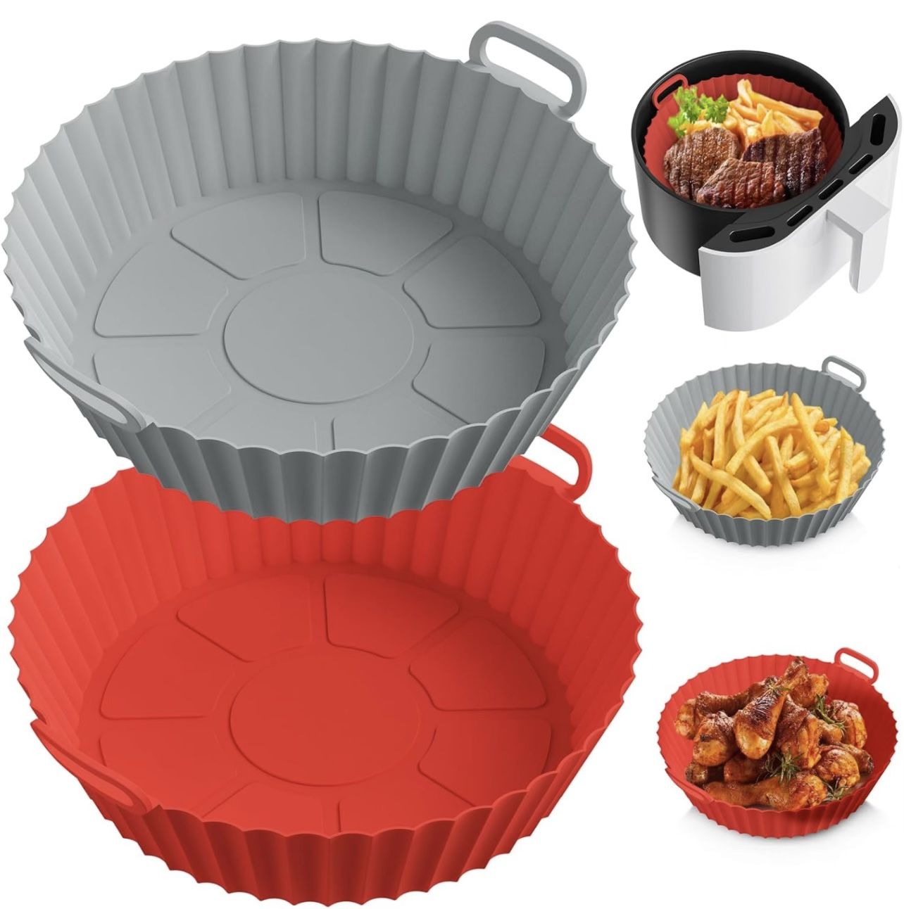 BRAND NEW IN BOX 5 piece set - 2 Pack Round Foldable Silicone Air Fryer Oven Liner 8.5inch Reusable Air Fryer Silicone Basket for 5 Qt or more (Red+Gr