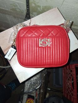 Brand New Bebe Hazel rhinestone quilted crossbody bag in red faux leather. 