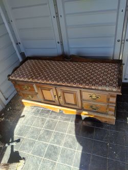 Vintage Wood Storage Bench with Upholstered Seat