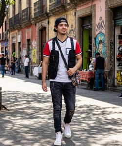 red and white vintage pocket tee with denim shoulder accents