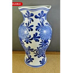 2 White Blue porcelain Wall Pocket Half Vase Hangers Floral Design 9” tall