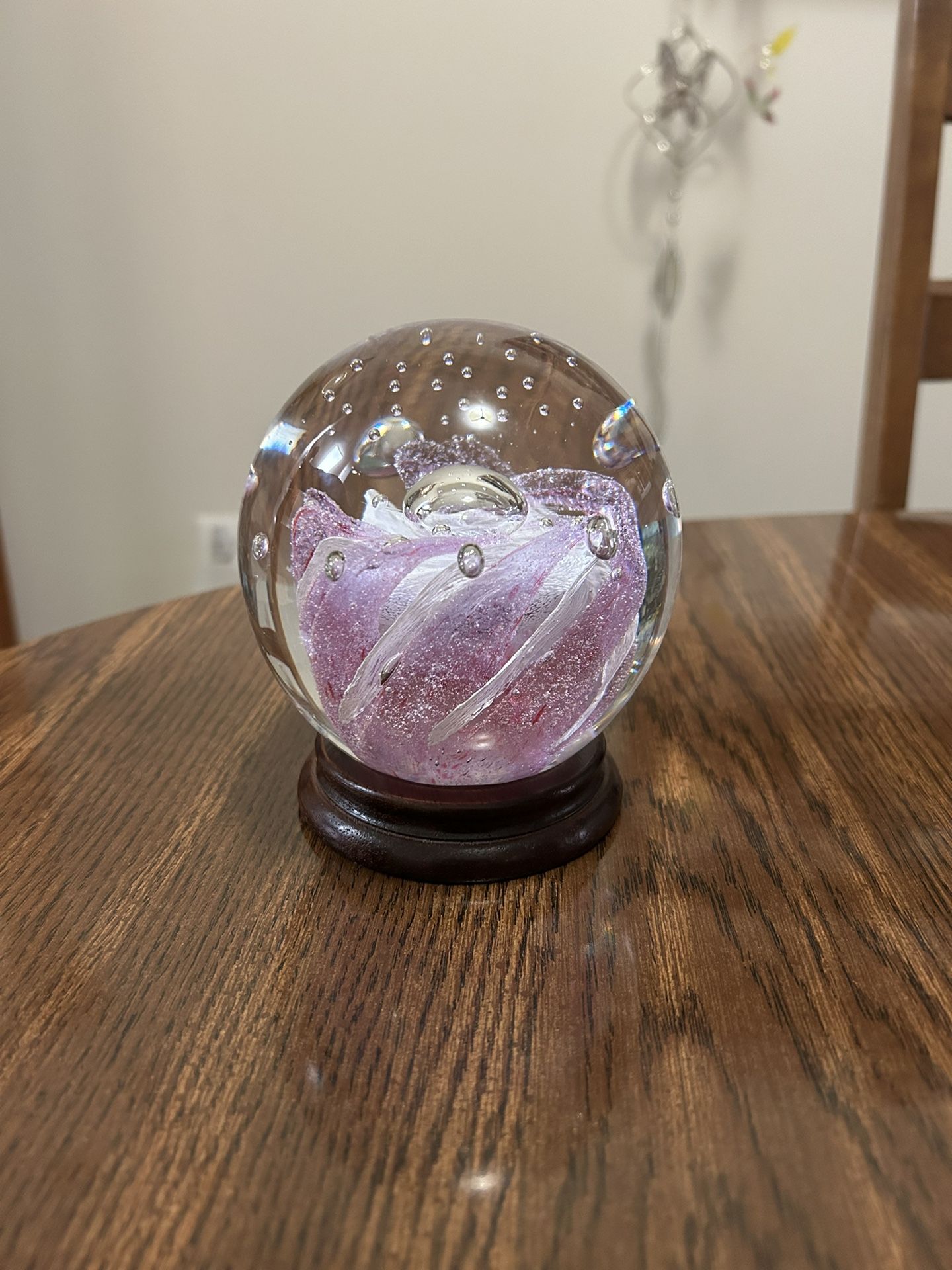 Art Glass Ball Paperweight Purple White Flower Controlled Bubbles Wood Base