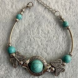 Silver Butterfly 🦋 And Turquoise Charm Bracelet 