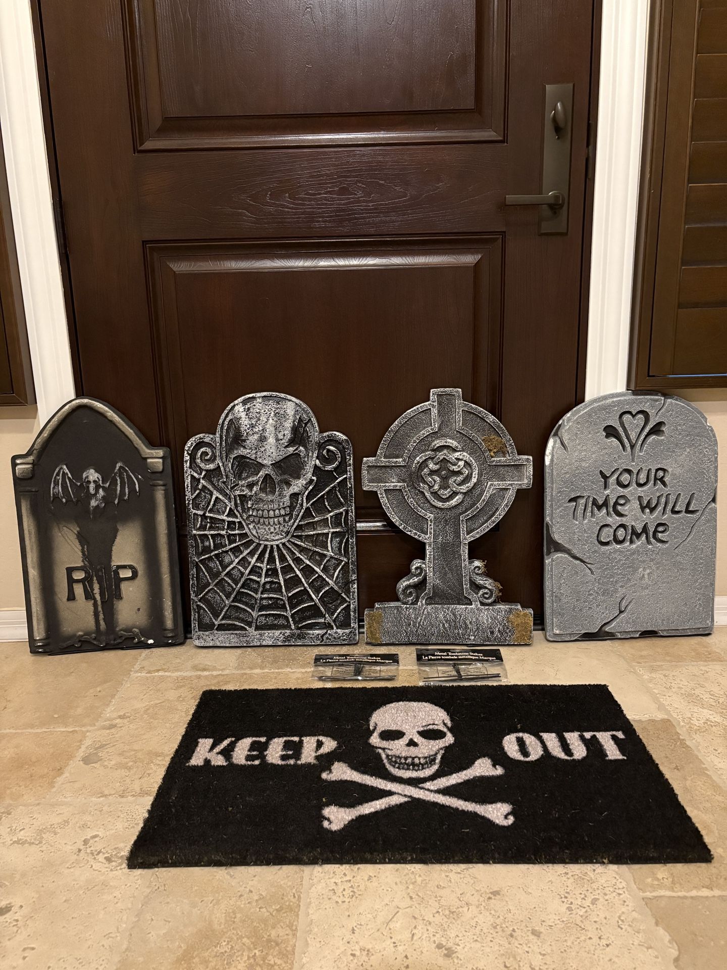 Skull & Cross Bones Door Mat, 4 Styrofoam Tombstones W/ Metal Stakes