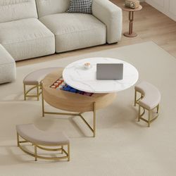 NEW 4-Piece White and Natural 31.5 in. Round MDF Lift Top Coffee Table with 3 Upholstered Ottomans and Hidden Storage for Living Room