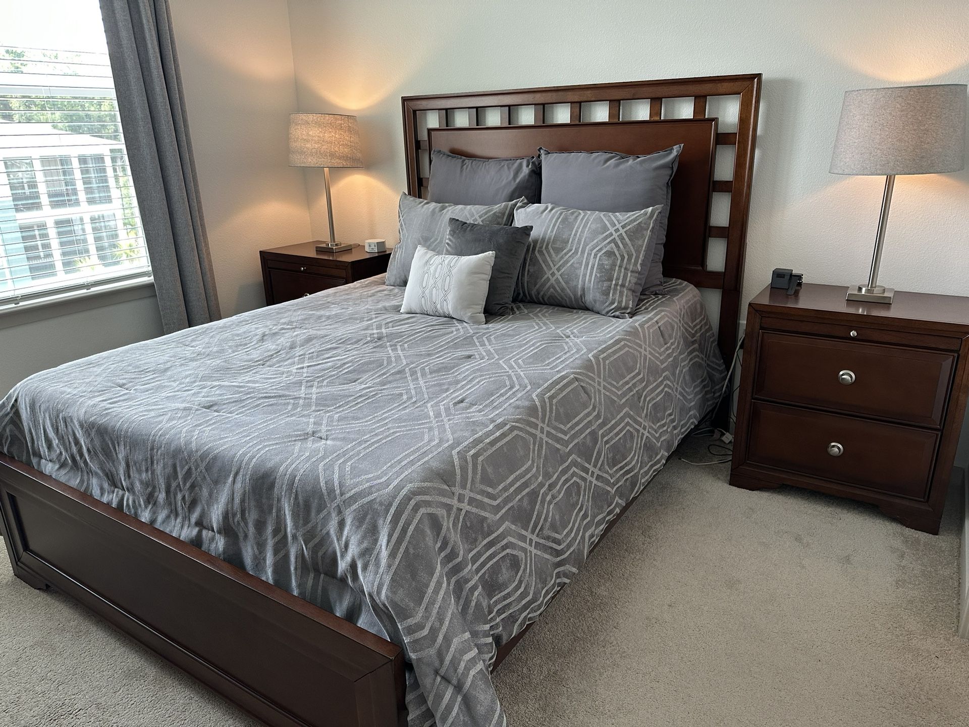 Queen Bedroom Set - Frame, Mattress + Box, Dresser, 2 Nightstands