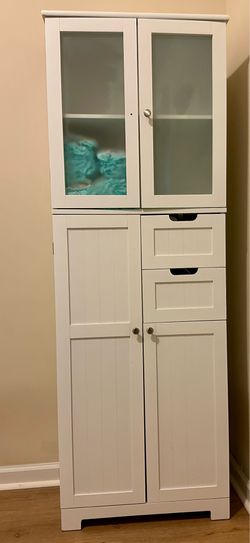 White Storage Cabinet with Frosted Glass Doors