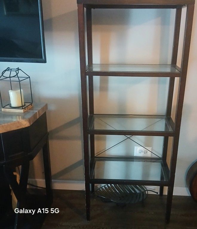 $20 TierBrown Wood and Glass Etagere Bookcase- $30 Cherry Open Book Shelf; Nic Nack Shelf $10
