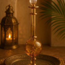 Egyptian Vintage 1990s Hand Blown Perfume Bottle Amber Glass Gold Etched Grapes