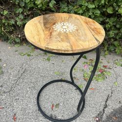 cute MUST SELL wood wooden top black metal frame side end accent table mandala design plant