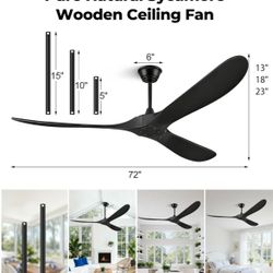 72" Outdoor Ceiling Fans for Patios, Matte Black Ceiling Fans Without Lights, 3 Blades Wood Ceiling Fan with No Light by Remote Control for Indoor Out