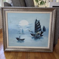 Mid Century Vintage Oil on Canvas Chinese Junk Ships