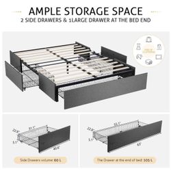 Queen Bed Frame with Storage, Upholstered Bed with 3 Storage Drawers(953-2)