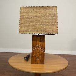 Mid-Century Carved Wood Lamp, Parchment Shade - Many More Items In Stock!