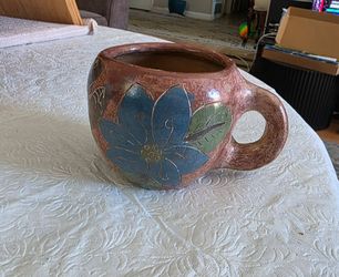 Vintage South American Art Pottery Vase Hand Painted Etched Turtle Fish Carved
