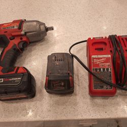 USED Milwaukee
M18 18V Lithium-Ion Cordless 1/2 in. Impact Wrench W/ Friction Ring with 2 battery's and 1. Charger  NOTE 1 BATTERY NOT WORKING