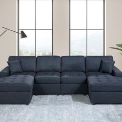 Dark Blue U Shaped Double Chaise Sectional Sofa Couch 
