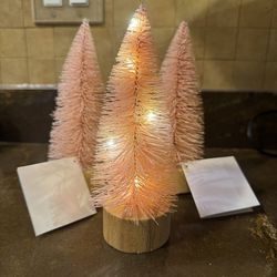 NEW Set Of 3 Glitter Bottle Brush Light Up Trees Pastel Pink Easter 8”
