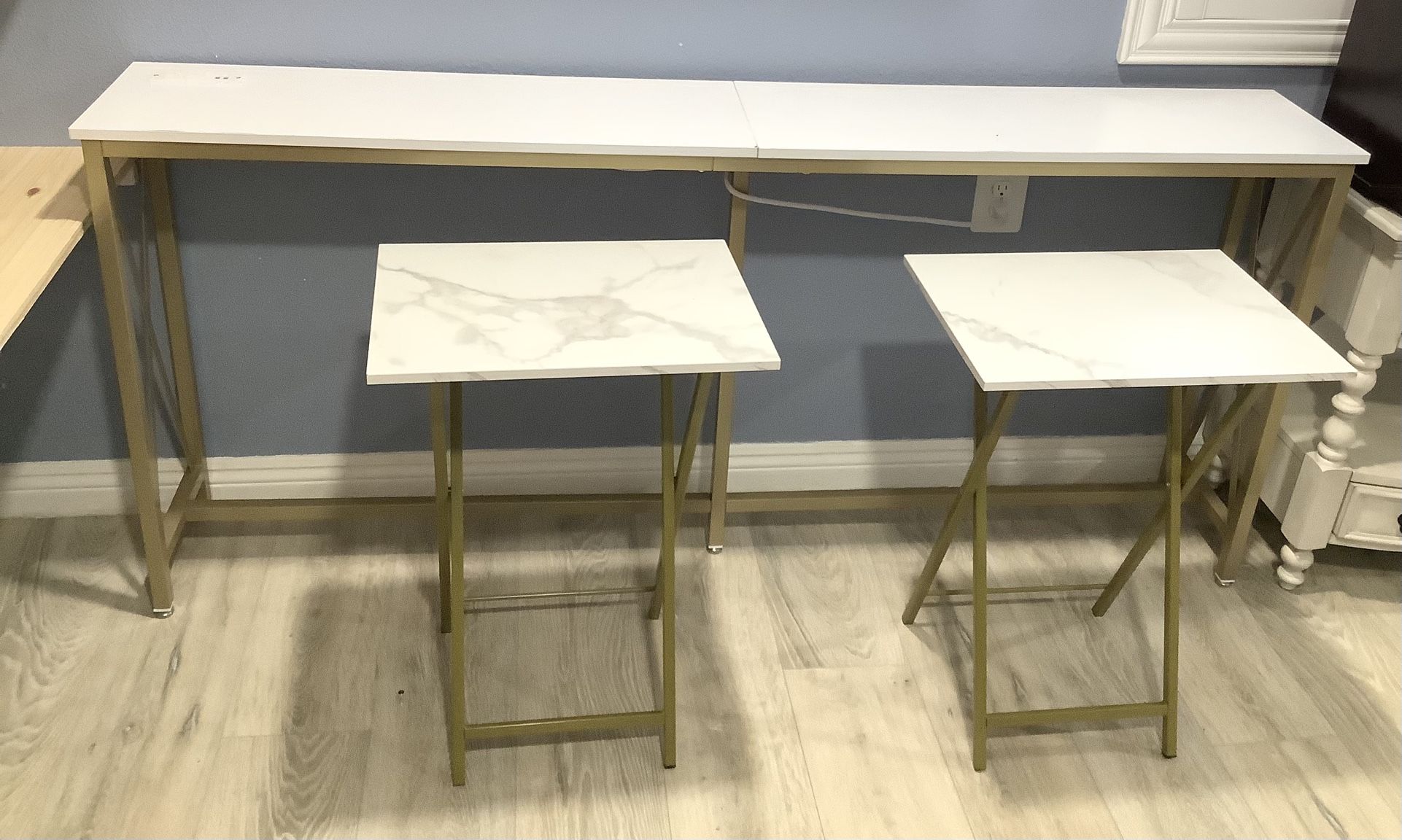 Modern White Console Table with Power Outlets + 2 Marble Accent Tables (Gold Frame)