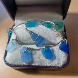 Vintage Sterling Silver Seaglass Dangle Bracelet & Pendant Set
