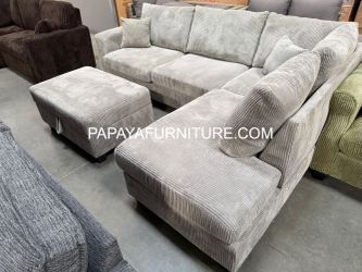 New Modern Light Gray Fabric Sectional Couch with STORAGE Ottoman Chaise Set USB Phone Charging Port Contemporary Cozy Designer Staging Style Living