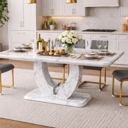 63" White (Faux) Marble Scratch and Heat Resistant Dining Table w/ Modern U-Shaped Frame [NEW] **Retails for $600 <TABLE ONLY> *Asssembly Req*
