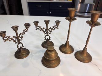 Vintage Brass Decor Lot - Italian Candelabras, Candlesticks & Indian Bell