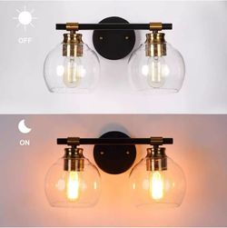 Zevni Vanity Light 8"X14" 2-Light Black Rustic Vintage Brass Globe Seeded Glass