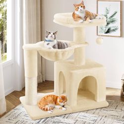 29.5in Indoor Cat Tree, Multi-Level Cat Tower with Sisal Scratching Posts, Padded Perch, Basket, Condo, and Hanging Ball, Suitable for Kittens and Adu