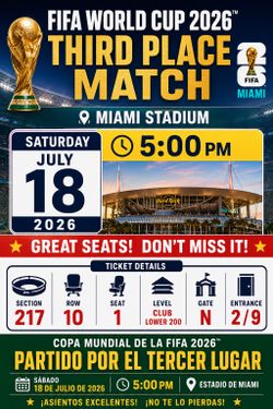 2 VIP FIFA BRONZE FINAL TICKETS TODAY 5pm