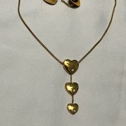 Gold Plated Three Heart Necklace W/ Matching Earrings 