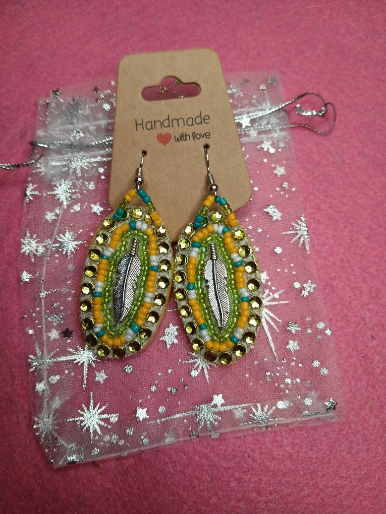 Hand Beaded Hand Made Feather Earrings