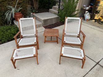 Outdoor Wood and Rope Patio Chair Set with Ottomans