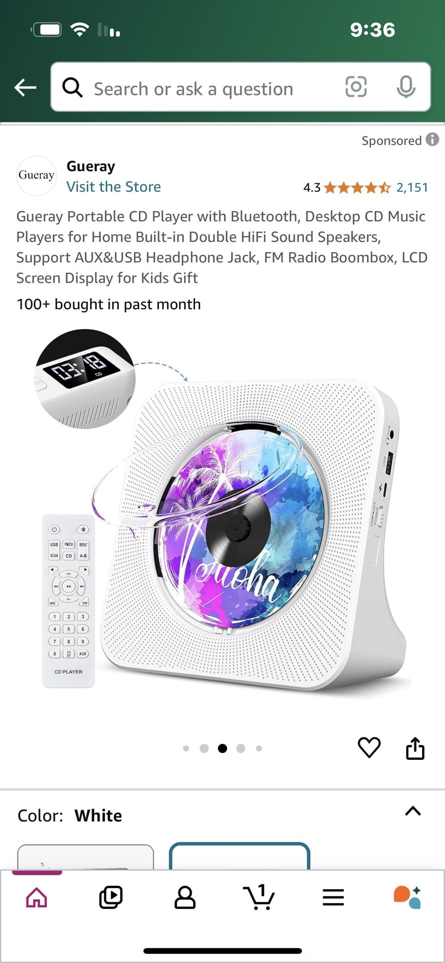 Visit the Store, Gueray Gueray Visit the Store 4.3 4.3 out of 5 stars 2,151 Gueray Portable CD Player with Bluetooth, Desktop CD Music Players for Hom