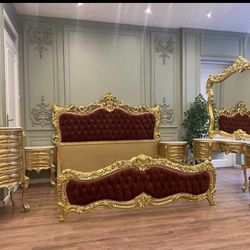 Luxury Bedroom Set LOOK UP Ornate hand-carved teak wood and velvet bedroom set with gold gilding. TIME PERIOD Modern Reproduction ORIGIN India ESTIMAT