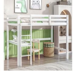 Wood Lofted Bed Frame with Ladder for Boys Girls Teens Kids Bedroom White