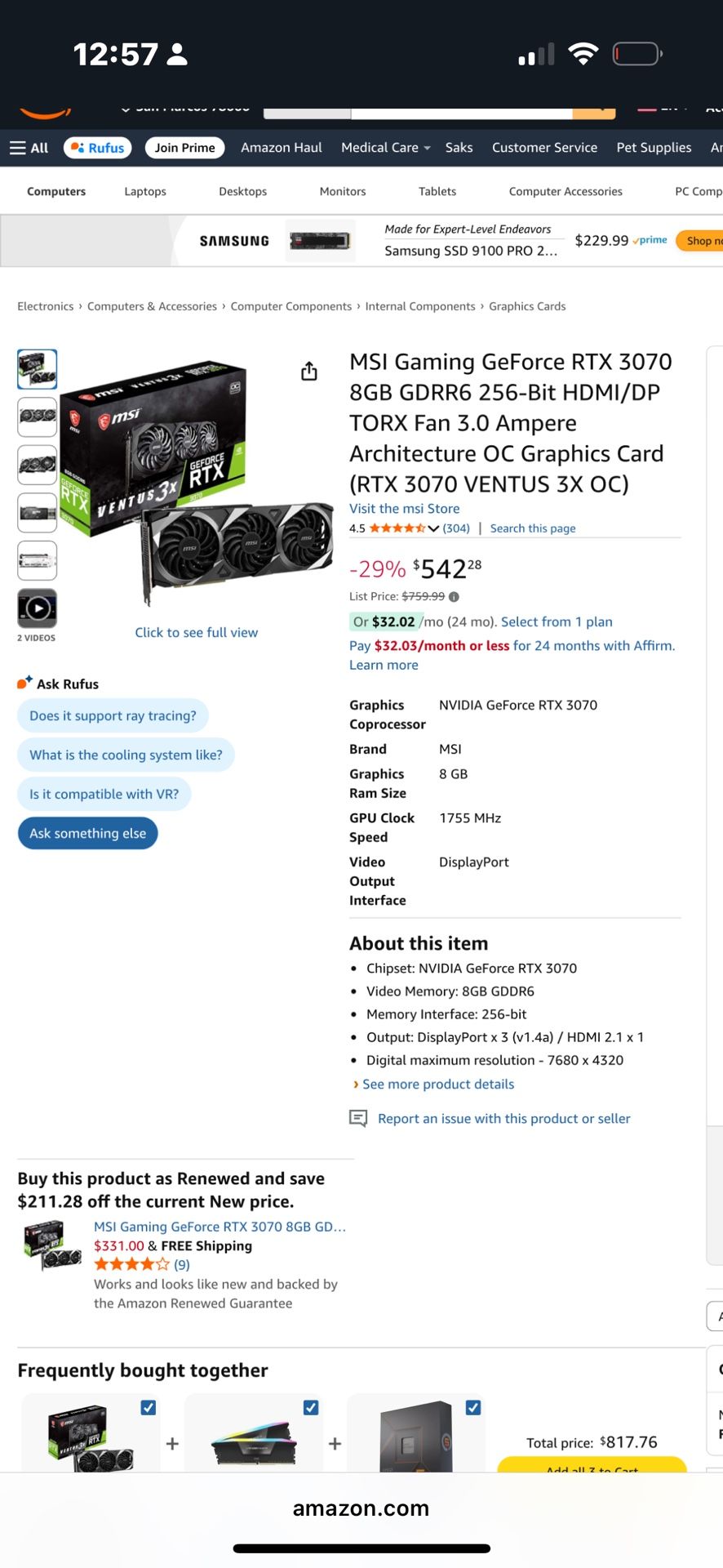 MSI GAMING GeForce RTX 3070 8Gb