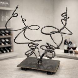 Handcrafted Brutalist Forged Metal Wine Rack 4 Bottle Spiral Holder 16” 
