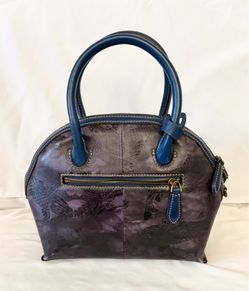 Genuine Leather Blue Embossed Satchel Handbag Top Handle Purse